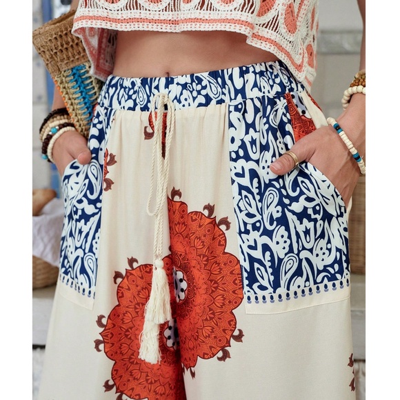 Boho Floral Print Stretchy Waist Pockets Wide Leg Pants - Picture 3 of 5